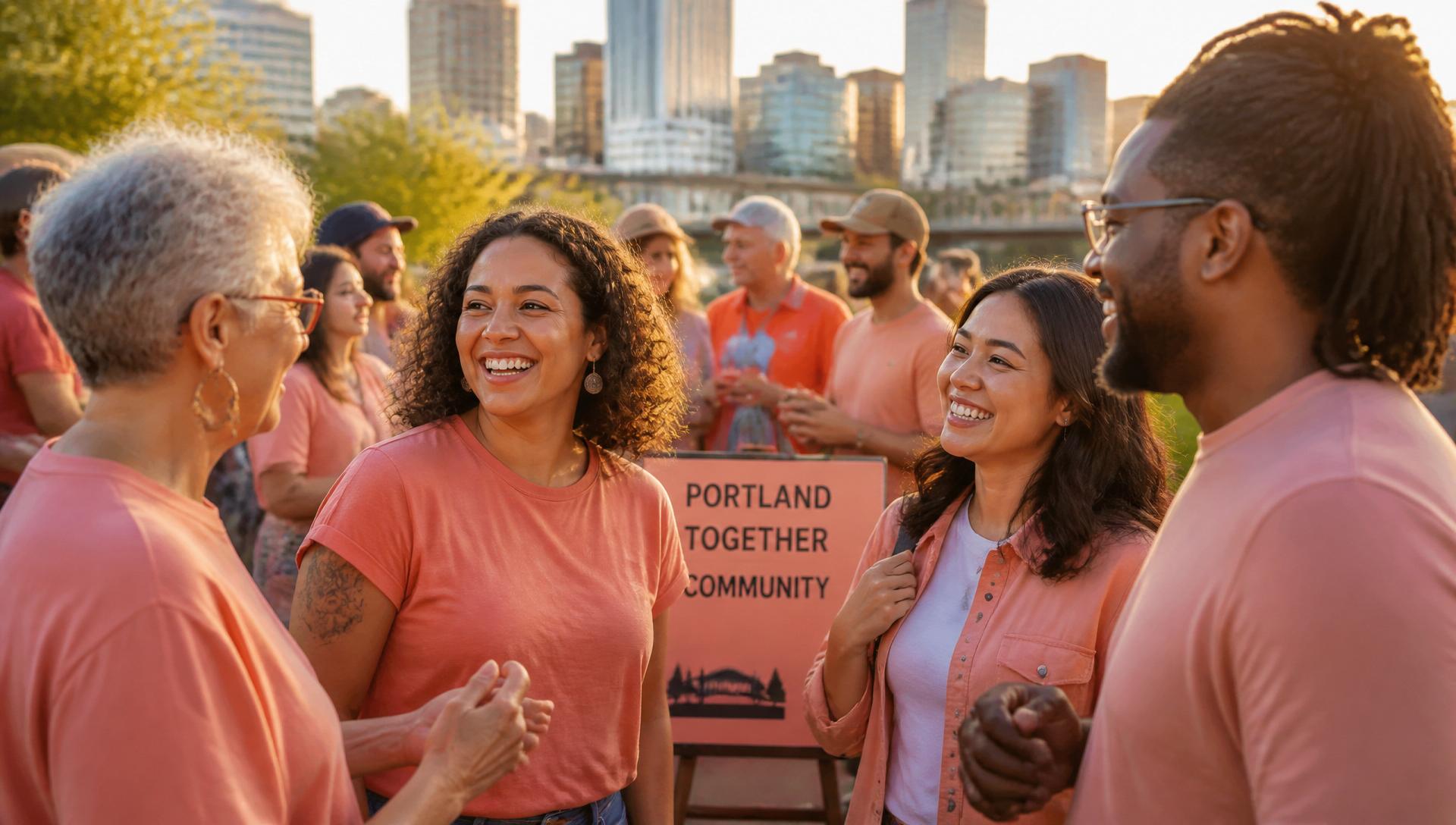 Diverse community members gathering together in Portland
